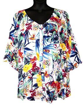 NEW Roaman's Angelina Tunic 22W Tropical Print Cold Shoulder Crinkle Crepe Top